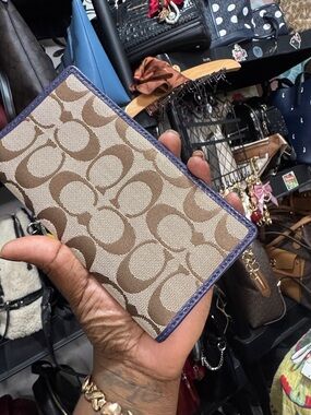 Coach Canvas Card Holder in Tan with Purple Trim